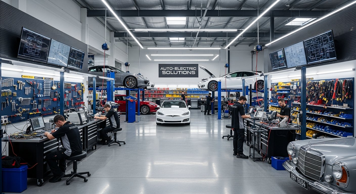 Interior of clean specialist auto electrical workshop with professional diagnostic station, multiple screens, BMW vehicle visible through workshop bay door, and neatly arranged specialist equipment on tool wall