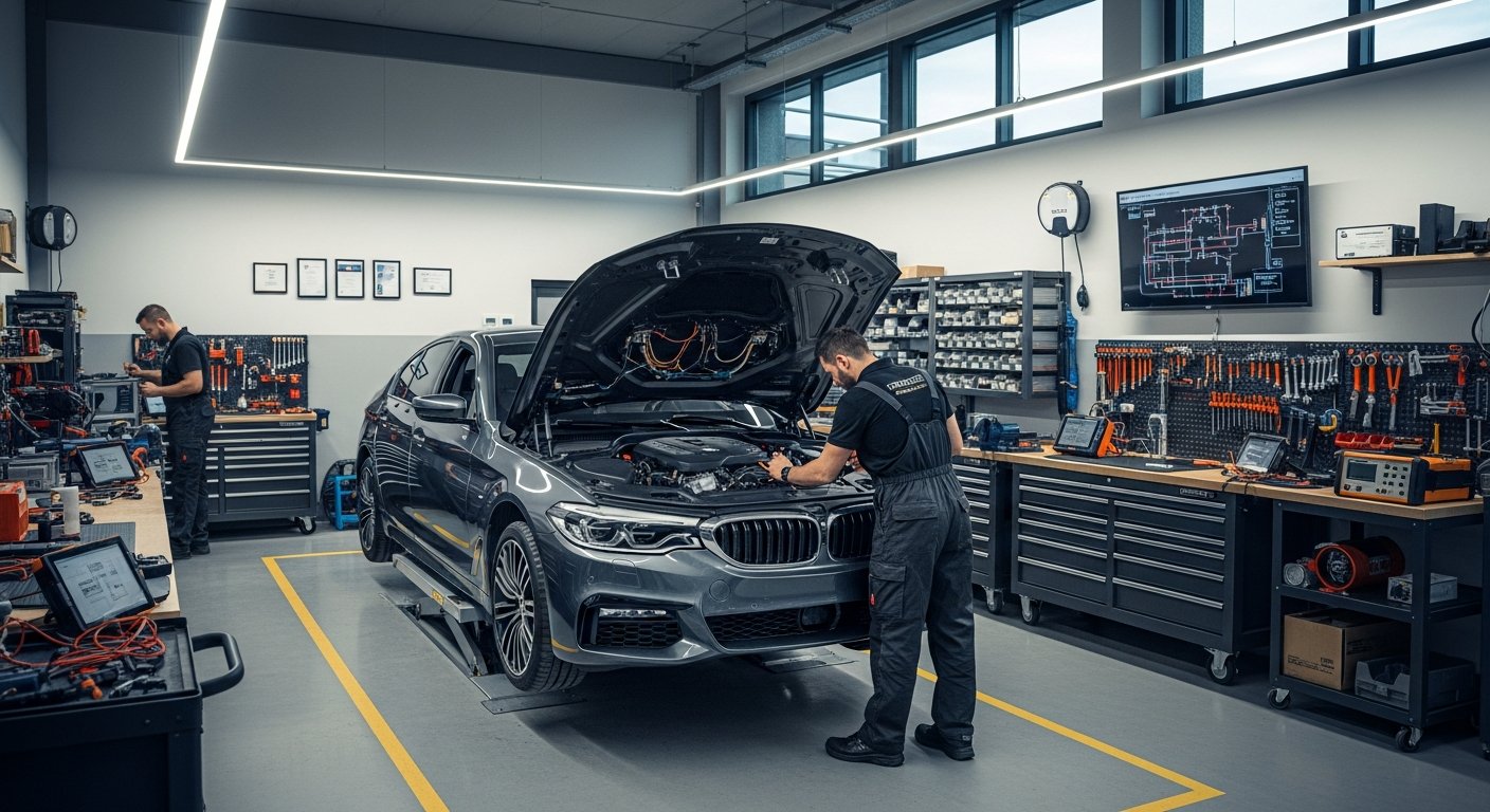 Professional auto electrician workshop with BMW elevated on ramp, diagnostic laptop connected to OBD port displaying live data, warm amber work light illuminating engine bay