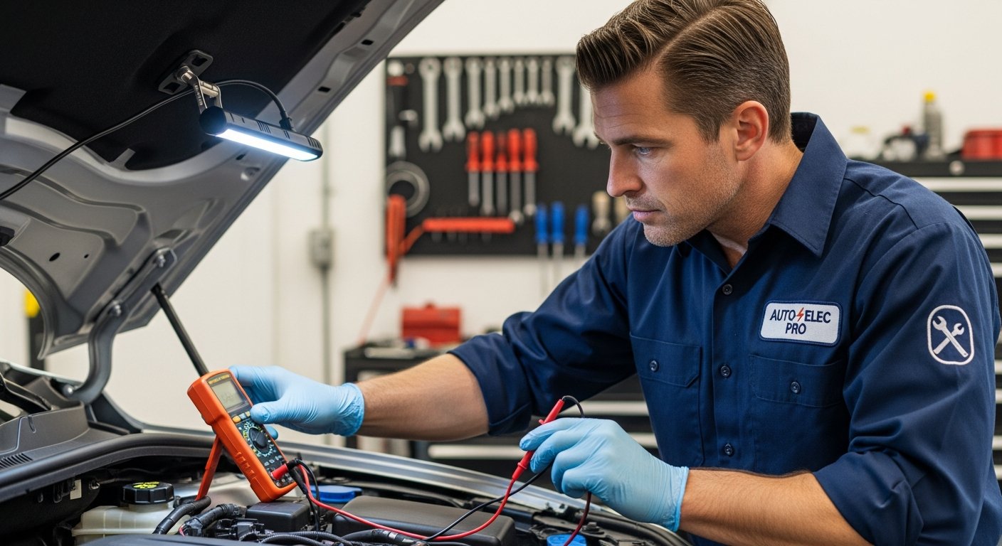 Professional auto electrician at workbench with laptop displaying BMW ISTA diagnostic software interface with vehicle module map, workshop background with ambient lighting