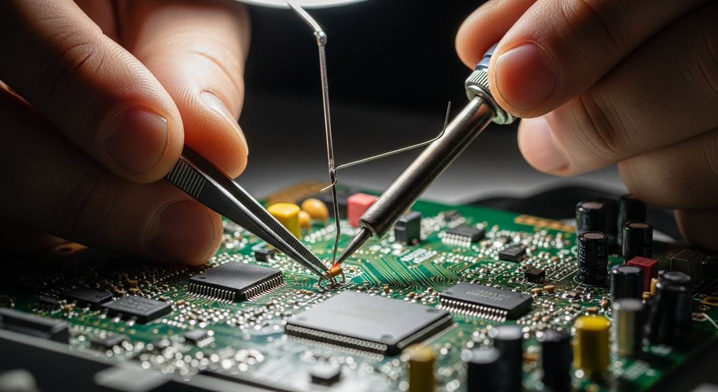 Close-up of hands working on an automotive ECU circuit board on anti-static mat with soldering tools and multimeter visible, showing component-level precision repair work